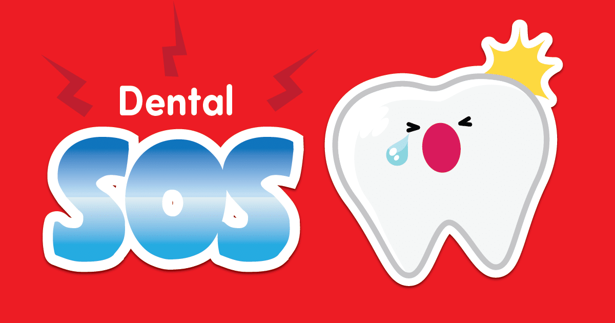 An animation of a tooth crying with a crown with text next to it reading "Dental SOS"
