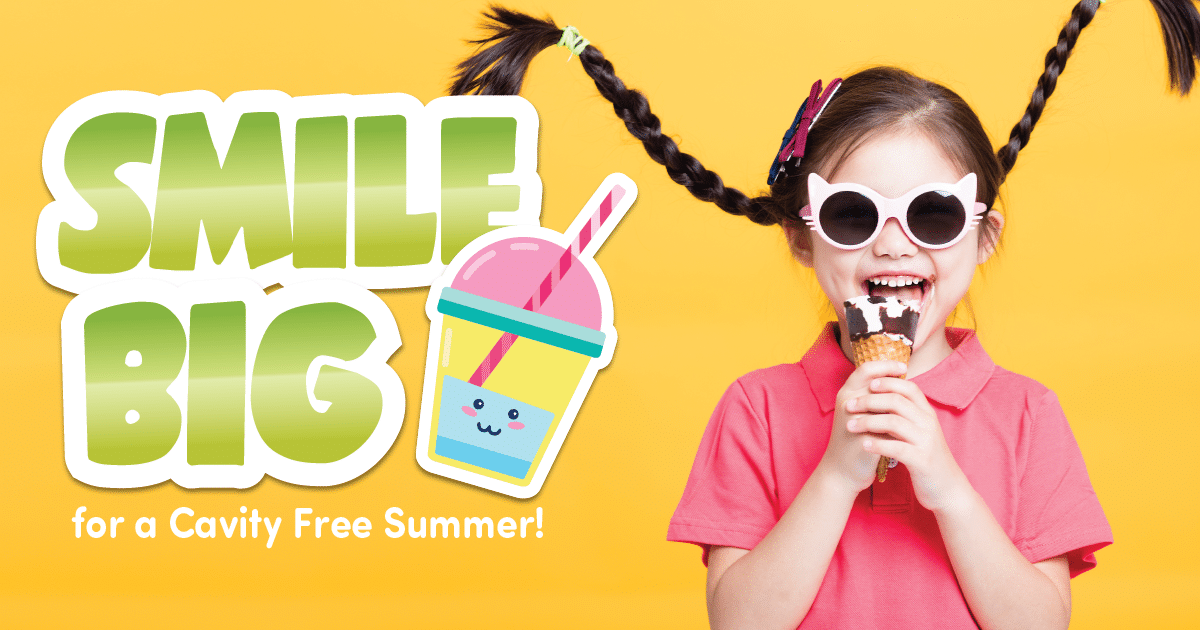 A young girl stands and smiles in a red shirt, sunglasses and a ice cream cone. Her hair is raised up in the air. The text on the image reads "Smile Big for a Cavity Free Summer"