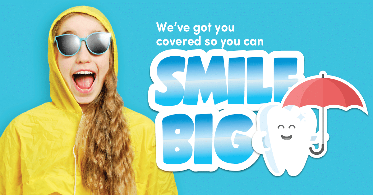 A young girl with a yellow hooded sweatshirt, blonde hair and blue sunglasses looks excited against a blue background. The text on the image reads "We've got you covered so you can smile big."